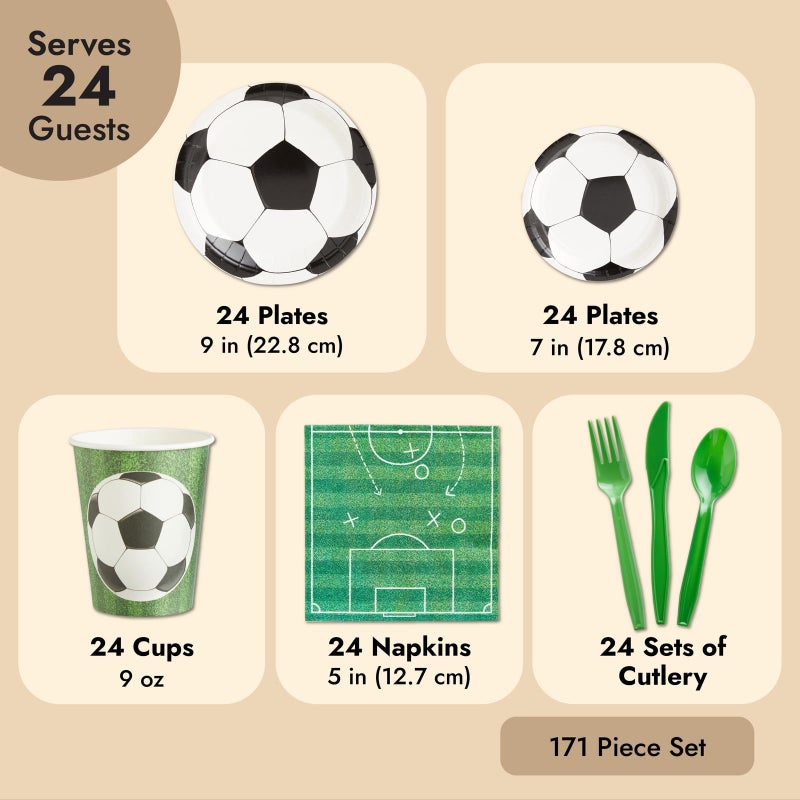 BLUE PANDA 171-Piece Soccer Party Decoration Set - Serves 24, Green Soccer Ball Pattern - Includes Cups, Plates & Napkins - Birthday Banner & Tablecloth for Birthday Party Decoration - Image 4
